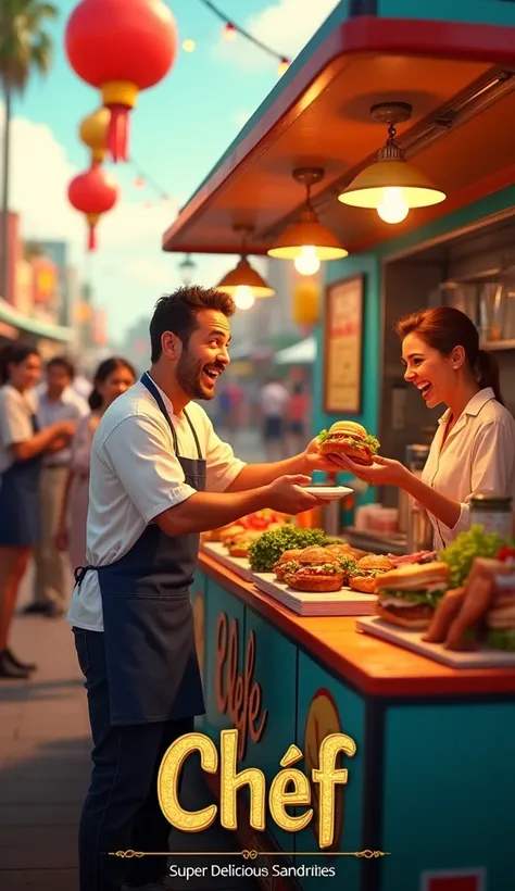 A vibrant movie poster featuring Chef Carl from "Chef" standing inside his food truck, with a bright smile, handing a sandwich out to a happy customer. The food truck is painted with the name "El Jefe" on the side, and a line of customers eagerly wait for ...