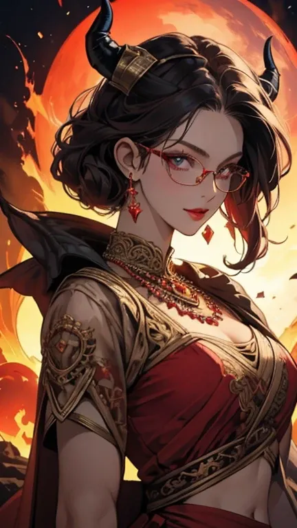 8k, masterpiece, Best quality, highly detailed, 1 woman, tiefling, shaggy hair, wearing glasses, round glasses, earrings, navel piercing, RED EYESHADOW, Long eyelashes, blushing cheek, red lips, pearl necklace, attractive, teal and purple clothing, miniski...