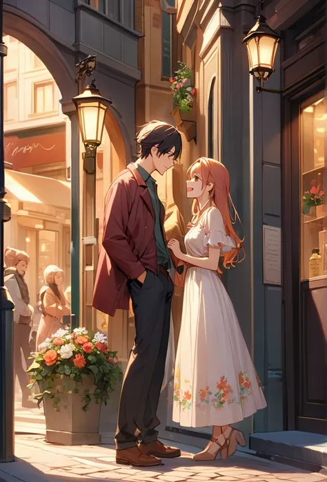 "A scene of lovers gazing at each other on a street corner. Amidst the lively atmosphere around them, they exchange gentle smiles filled with gratitude."