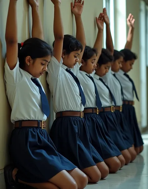 Side view of Six 18 year ago Indian girls school shirt short sleeve, skirt, school tie and leather large buckle belt and shoes kneeling in a row inside the corridor corner against the wall with both their hands raised straight high up above their heads and...