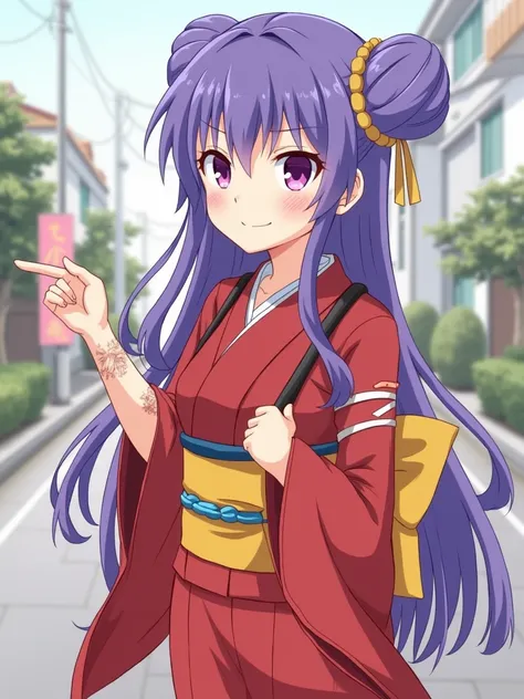 1girl, purple hair, long hair, double bun, red kimono, arm tattoos, outdoors, street