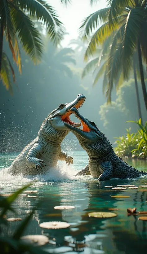 A White Crocodile and a Grey crocodile are fighting near jungle lake 