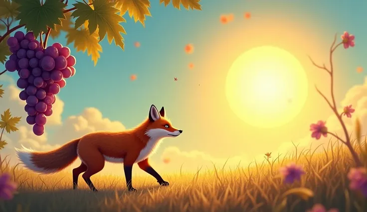 "The fox walking confidently towards the grapes again, with the bright sun shining down, symbolizing hope and persistence in the background."
