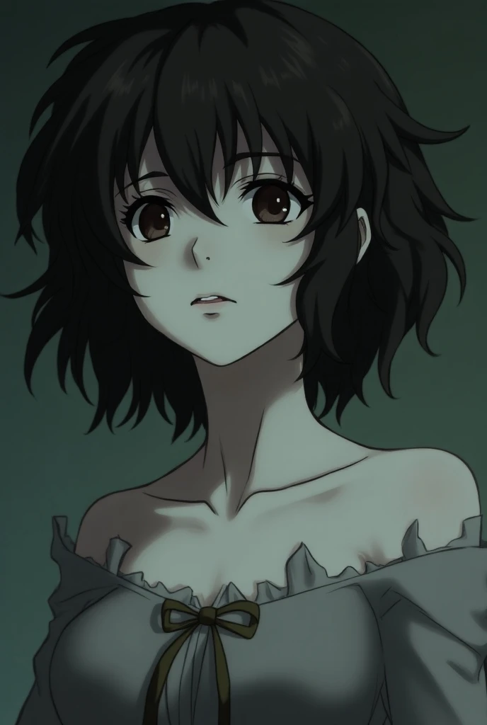  Woman in the anime Evangelion with white skin,  hair with lots of hair or curlers, Pielo dark brown ,  dark brown eyes ,  with dark circles and short hair 