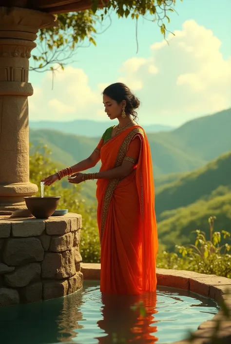 A beautiful woman wearing a saree was filling water from the well 