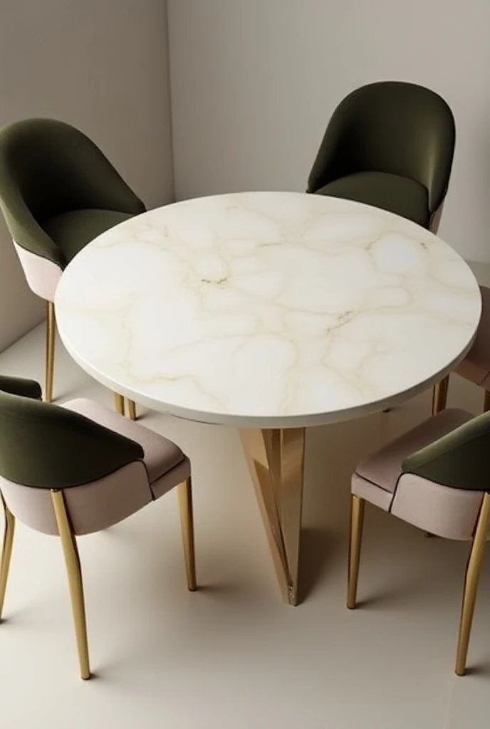 Professional 3d architecture rendering design of modern and minimal and French  design for luxurious circular table with white bone very tiny surface and golden legs in middle of table  and 5 elegant  dark olive and beige for every velvet modern   lawson c...