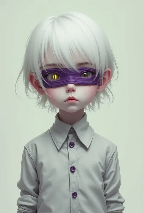 A white-haired boy with a feminine uniform blue yellow-eyed blindfold on his face Albino with a purple spot on his face frail body 