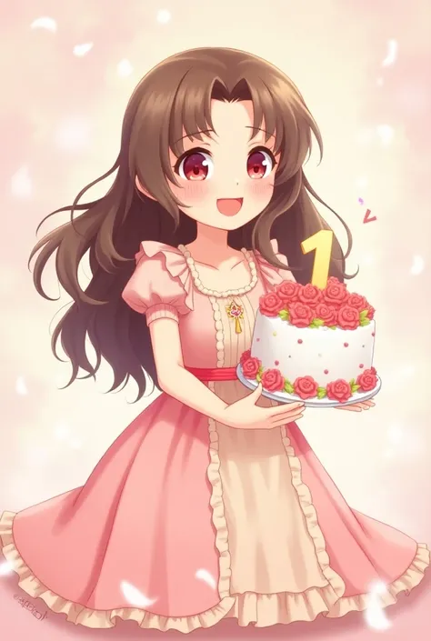 Female, anime, cute, only, ong haired, brown hair color, red eyes, dress in a pretty dress . 
Carries a large cake that has a candle shaped like a number 1