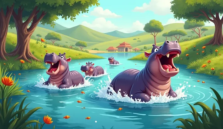 Hippos splashing in the lake,
This is fun, make no mistake!
For s cartoon safari park adventure 