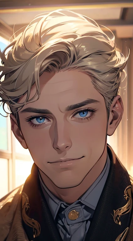 (best quality,4k,8k,highres,masterpiece:1.2),ultra-detailed,(realistic,photorealistic,photo-realistic:1.37),1 man,31 years old,mature man,very handsome,without expression,smile,short grey golden hair,blue eyes,penetrating gaze,perfect face without errors,i...