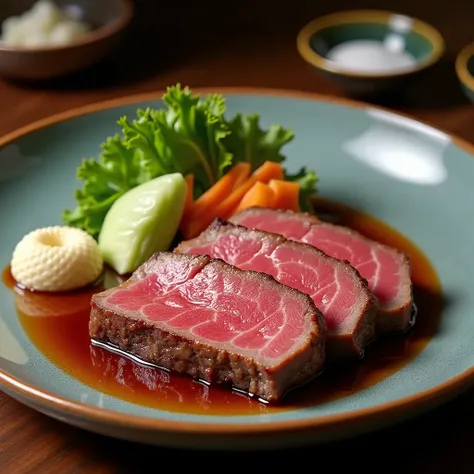 Fine Japanese teppanyaki, beautifully presented wagyu beef (chateaubriand) cooked to medium rare on a beautiful plate, with wasabi, salt and yakiniku sauce in individual small plates.