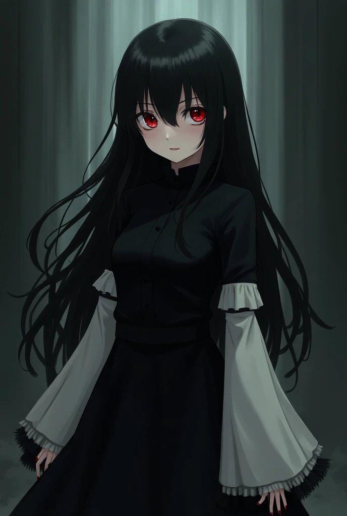 A psycho anime girl with long black hair and red eyes and a costume with a black dress and a long white sleeve 