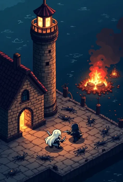 pixel art,deformed character,chibi, isometric view, below the lighthouse at burning Medieval wharf at night, white knight(long blond, sworded) and dark knight(dark hair,sworded) are fighting, many dead bodies of citizens, screen shot of the game