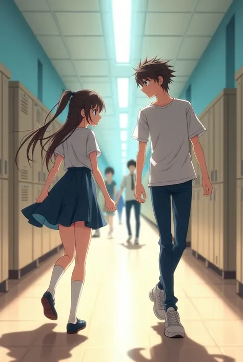 Anime girl and boy avoiding each other in school hallway 