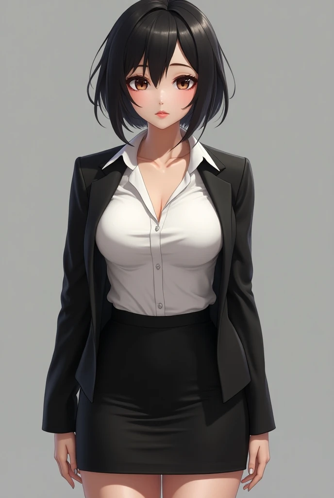 Anime, 3d, Dark short hair, hourglass body shape, ample breasts, white skin, smooth skin, beautiful face, Short black skirt, white shirt, blazer.