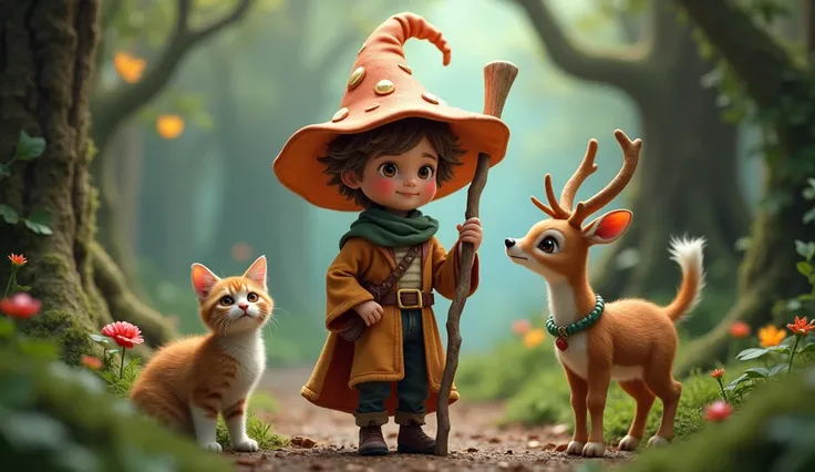 portrait photography, In the front there is a young wizard wearing a cute mushroom head hat holding a staff and playing with his cute pet a cat and a deer
