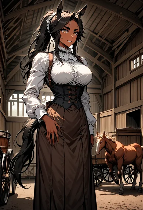 solo, female, ((centaur girl)), tan skin, long hair, brown-black hair, ponytail, victorian era:0.7, coachwoman, large breasts, b...