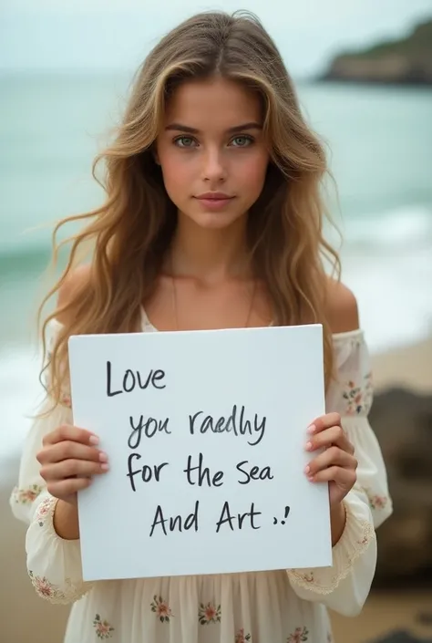  Beautiful girl with long wavy hair , bohemian dress,  holding a white board with the text  " I Love Seaart Infinity"  and showing it to the spectator 