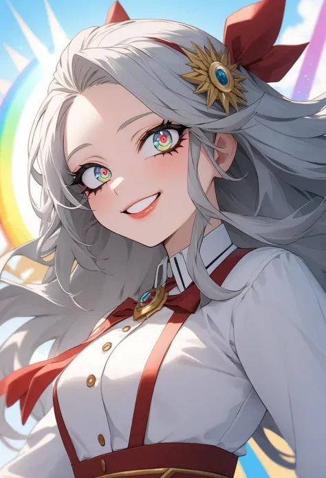  美Shii目、Carefully crafted down to the last detail , Beautifully detailed lips,   Extremely elaborate eyes and   ,  long eyelashes, 1 girl,  cute teenager with straight gray hair  , Rainbow Eyes, sun, Muscular,    Laugh a Little   ,女god,   My Hero Academia ...