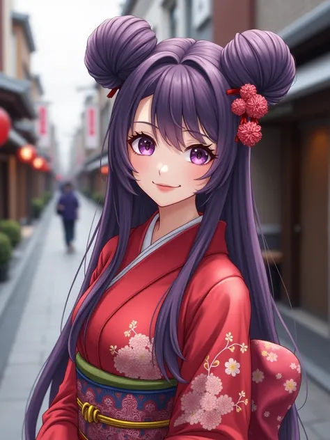 a japanese woman outside in tokyo, she is wearing a red kimono, she has long purple hair with double buns looking at viewer and smiling with beautiful makeup