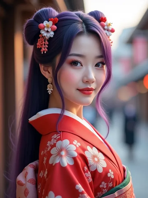 a japanese woman outside in tokyo, she is wearing a red kimono, she has long purple hair with double buns looking at viewer with beautiful makeup, soft smile, photorealistic 