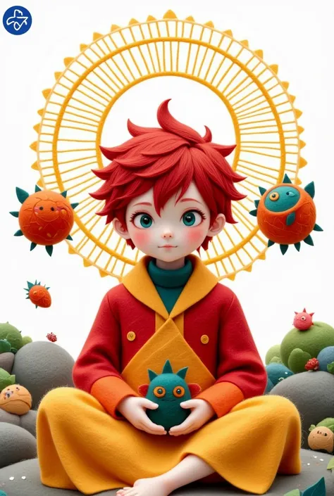 1 boy,aqua eyes,red eyes,bug,crescent,flame ,gold,short hair,looking at viewer,compensate,sun,crimson hair,monk,bonfire,red clot...