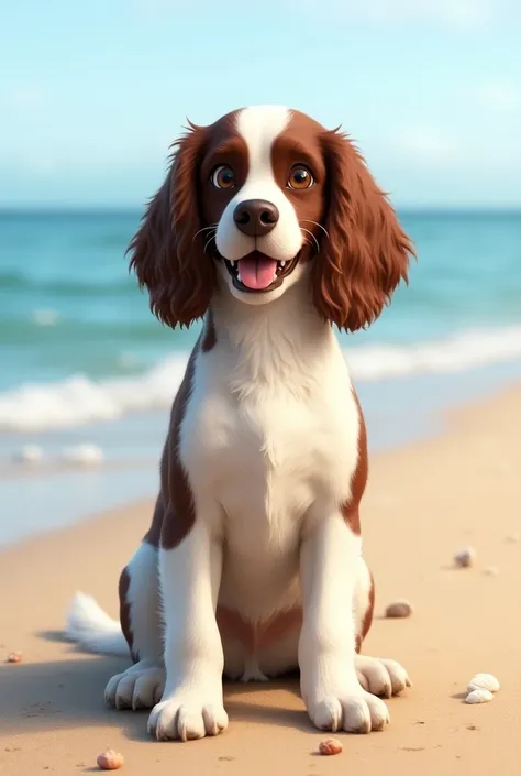 realistic liver and white young springer spaniel dog sitting on beach