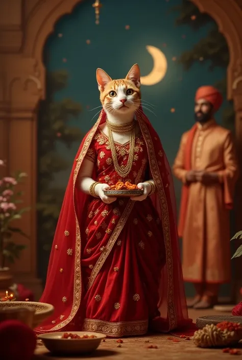 Real cat bridal Jude mein real Billa cat bridal dulhe ke jode mein Chand Ko dekhte hue cat hath mein Puja ki thali liye hue cat red colour