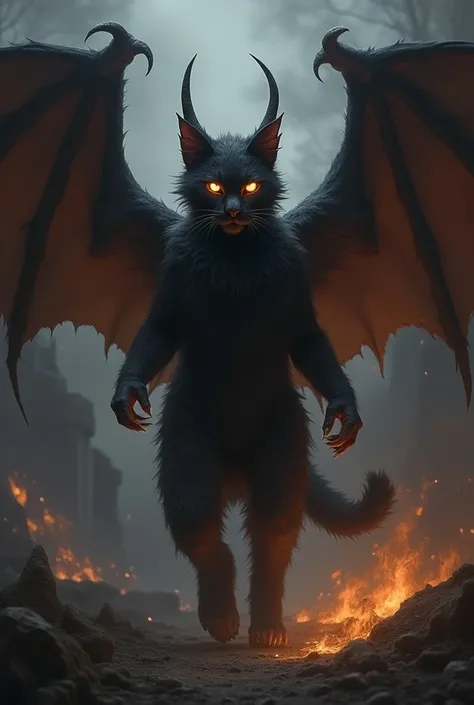 A demon cat from hell is horned and has wings and flames on the tail end