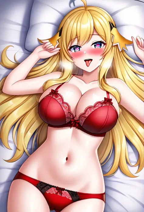 (masterpiece), best quality, expressive eyes, perfect face, thighs, perfect thighs, perfect anatomy, perfect breasts, perfect eyes, large breasts, perfect large breasts, perfect ass, ass, bedroom background, lying on bed, tongue out

yellow hair, red bra, ...