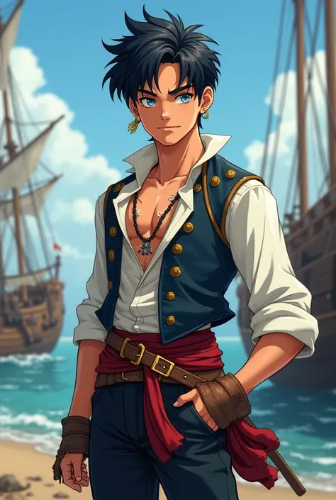 Young pirate man. Black hair and light blue eyes. anime version 