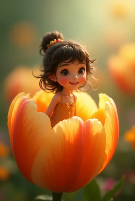 A cute and beautiful girl came out of that flower. She was just the size of a thumb and hence was named Thumbelina in cinematic cartoon style 