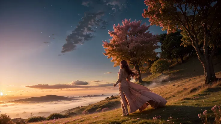 Create a dreamy, fantastical anime-style artwork depicting a serene sunset landscape. In the foreground, a solitary figure with long, flowing hair stands on a lush grassy hill, gazing wistfully at a distant glowing house that symbolizes lost love. The sky ...