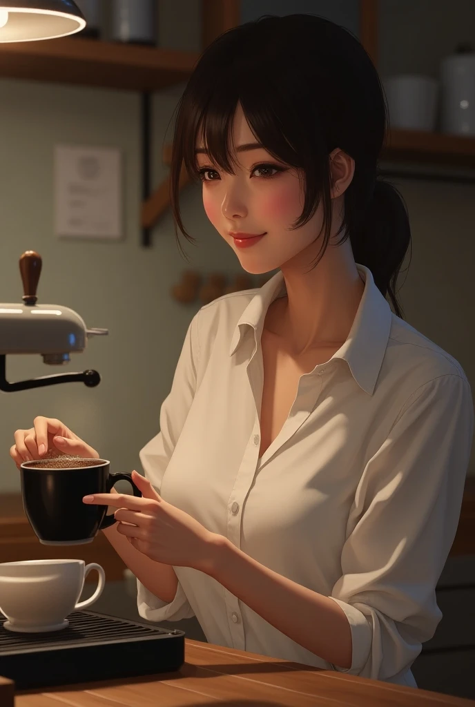 night高級なコーヒーメーカーでコーヒーをたてる女子、 brew coffee、Best Quality、Genuine、drink、25-year-old female、Japanese、Nice body、 white shirt、Ample breasts、kitchen、Home、smile、night、万勉なsmile、Correct finger、The right move、