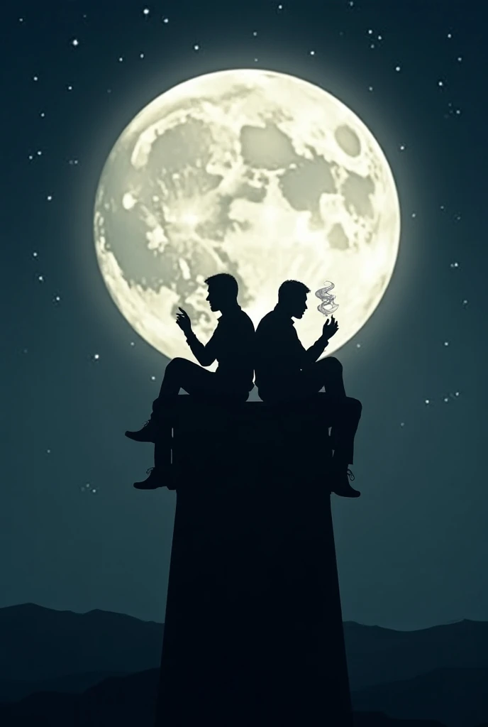 A silhouette of Two men sititng and smoking on top of a lighthouse in full moon in a starry sky ( moon is the main subject make it look bigger) it will be for a music album called "full moon"