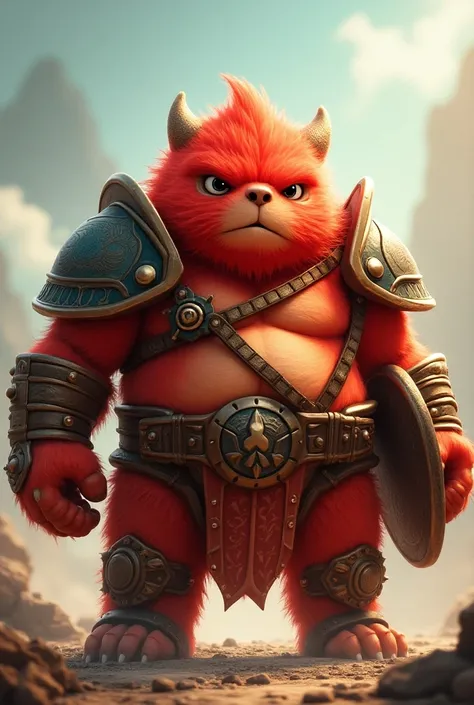 monster with 3 eyes, red,cute,peludinho ,chubby, strong muscular,  Little bunny ,warrior, Funny ,In armor with a shield in one hand and power ball ,super powerful in another hand  .