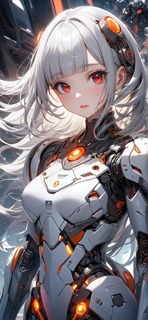 Ultra high resolution, rich colors, perfect image, top quality, detailed image, beautiful woman, glowing skin, texture of skin and clothes, delicate eyes, bisque style, futuristic world, (((all mechanical soldier))), (((long silver hair, blunt bangs))), red eyes