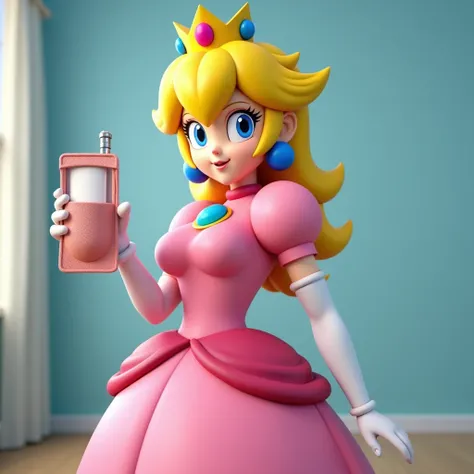 Full body image of Princess Peach with her dress buttons opened and her big boobs visible, smirking suspiciously and talking, looking at the camera, and holding a phone inside a packet labeled "IKaren phone". background is a simple light blue room, realist...