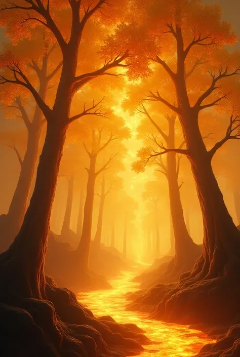  Tall trees with trunks made of sparkling crystals and golden leaves that shine like soft embers.  They grow along the plains and on the banks of lava rivers , feeding on the intense heat .  Its leaves emit a soft golden light at night ,  illuminating the ...