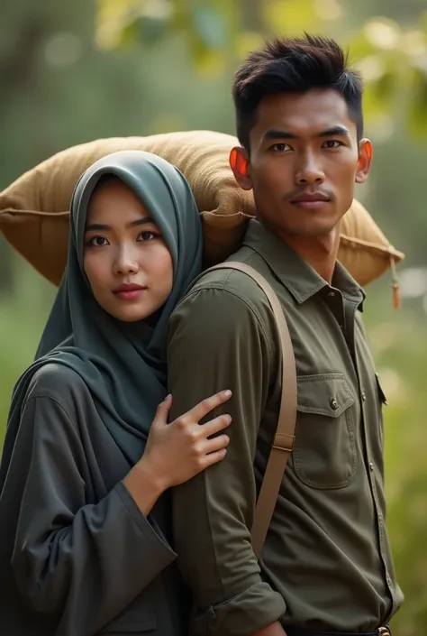 A macro, detailed, hyper realistic portrait of a beautiful malay muslimah wearing hijab burqa and long sleeve, she is standing at the back and looking at a handsome and smart malay man. The man is wearing kurta and long pant. The man was holding a sack of ...