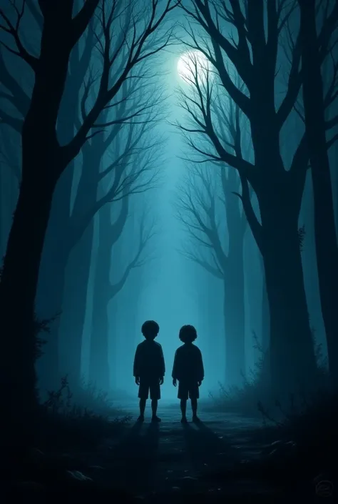 Shadows of tow boys standing in the middle of a vast dark forest in night