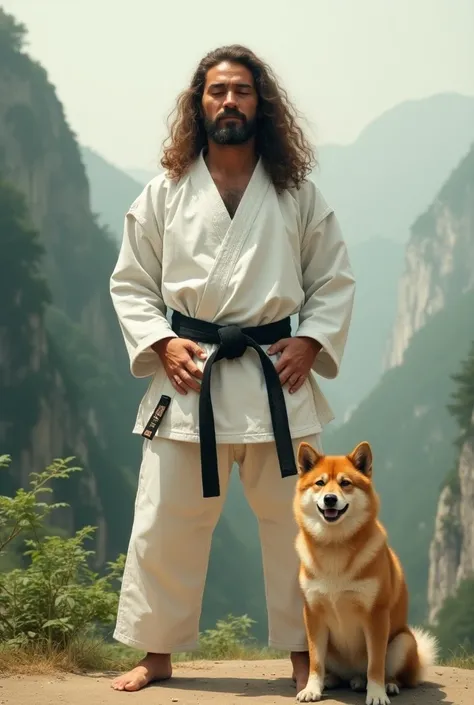 A hippie wearing a tidied Karate Outfit. With a black akita. 