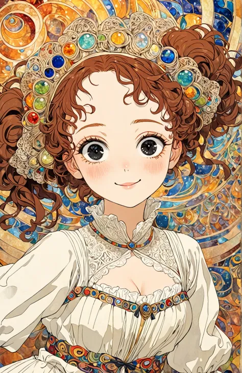 girl, forehead, black curly lower-twintail, black eyes, shy pose, little fat, white medieval uniform, headdress, smile, enjoy dancing at theater, looking away, midriff peek, Decolletage, from below, Egon Schiele: Expressionism style, Gustav Klimt: art-nouv...