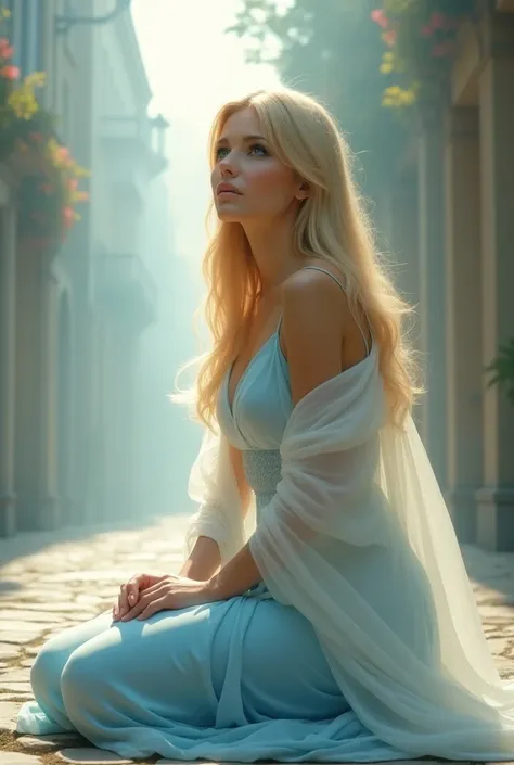 Gorgeous woman, straight long blonde hair with bangs. blue eyes, hourglass figure, light blue long flowing gown with flowing white robe. 
She is on her knees with Jesus looking down at her on the beautiful streets in Heaven. 