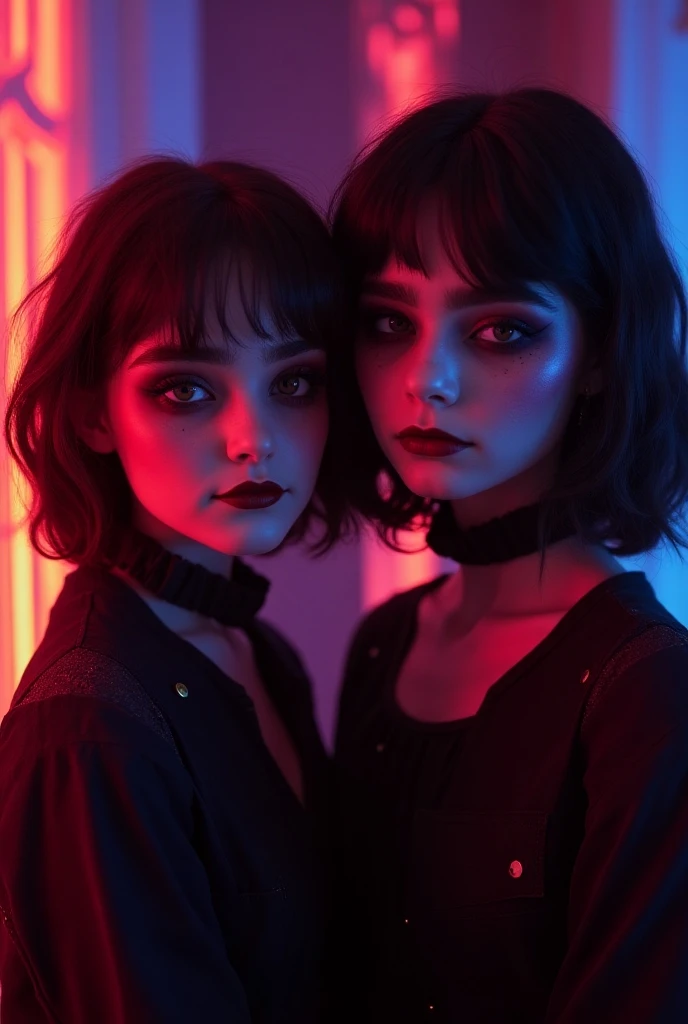 two girls disguised as ,  porcelain dolls illuminated with purple and orange lights with a sensual smile, hyperrealistic, 4k, HALLOWEEN PARTY, creepy