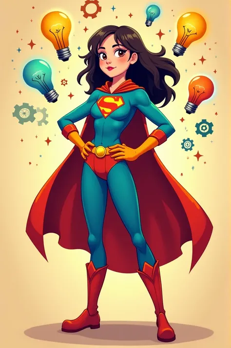 Cartoon of A 18 years old girl as a superhero, standing confidently, with light bulbs and gears floating around her, symbolizing her problem-solving and critical thinking abilities.
