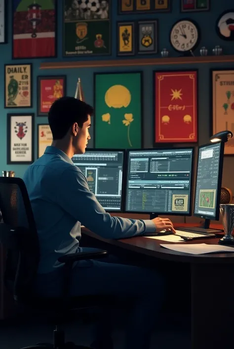 A young man in a suit sitting in front of a computer and having sports forecasts appear on the computer, That the whole atmosphere of the room is inspired by soccer with soccer background frames and bets . 