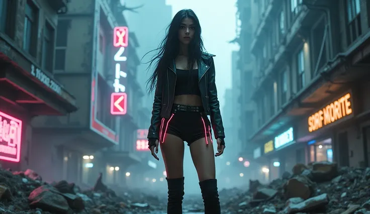 High-resolution futuristic abandoned city. We see crumbling skyscrapers and broken neon signs flashing in the background. In the dark, dystopian atmosphere, fog drifts through the trash-filled streets. A cyberpunk-style woman stands in the foreground, faci...