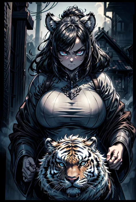 1 boy, 1 girl, hug, guy picks up girl, burning house in the background, angry tiger, ultra detailed, extremely detailed eyes and face, long eyelashes, 8k, masterpiece, cinematic lighting, dramatic, dark fantasy, moody, muted colors, chiaroscuro,Ultra detai...