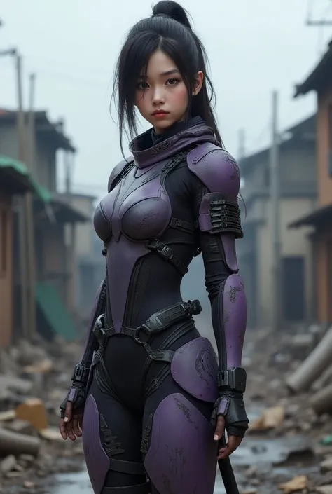 Dark fantasy full body a realistic cute woman samurai with high-resolution purple, grey and black, , tactical suit, mech details, techwear, background in the war area